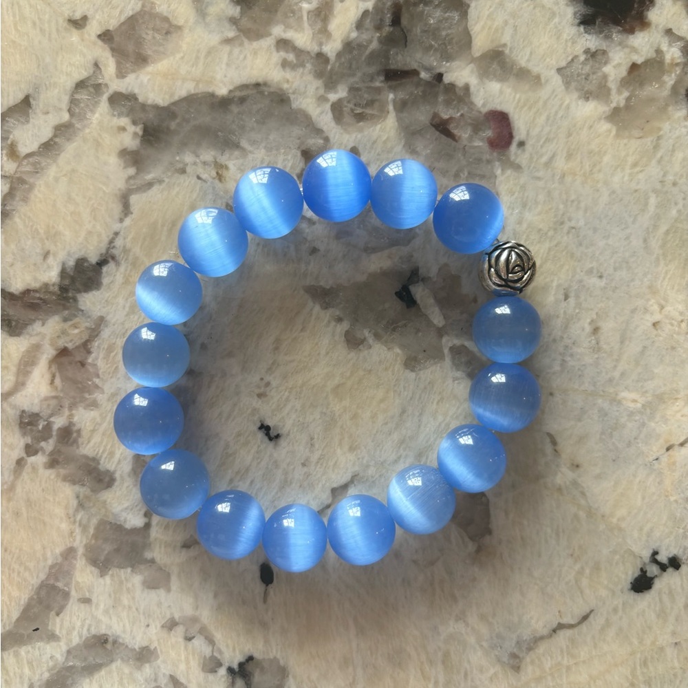 Chunky Blue Selenite Beaded Bracelet with Rose Accent 12mm